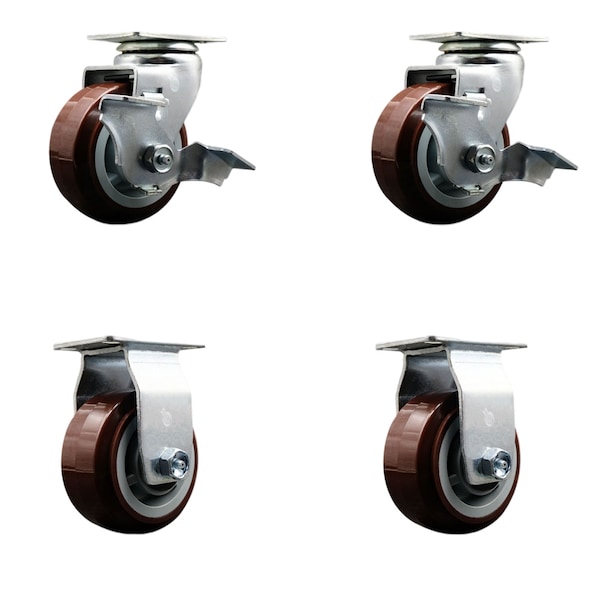4 Inch Poly on Polyolefin Caster Set with Roller Bearings 2 Brakes 2 Rigid SCC